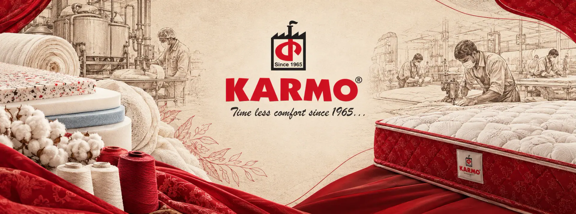 Karmo, timeless comfort since 1965 — foam, cotton, thread and a Karmo mattress over sketches of the factory floor