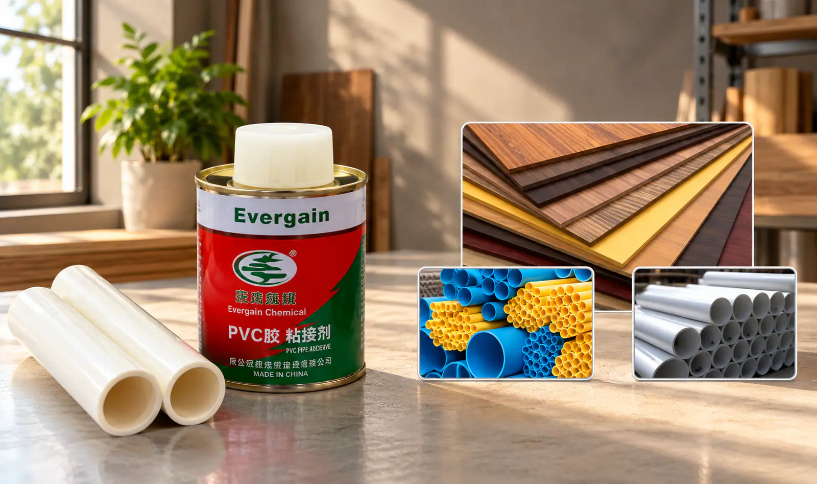 Evergain PVC adhesive tin with pipes and panels