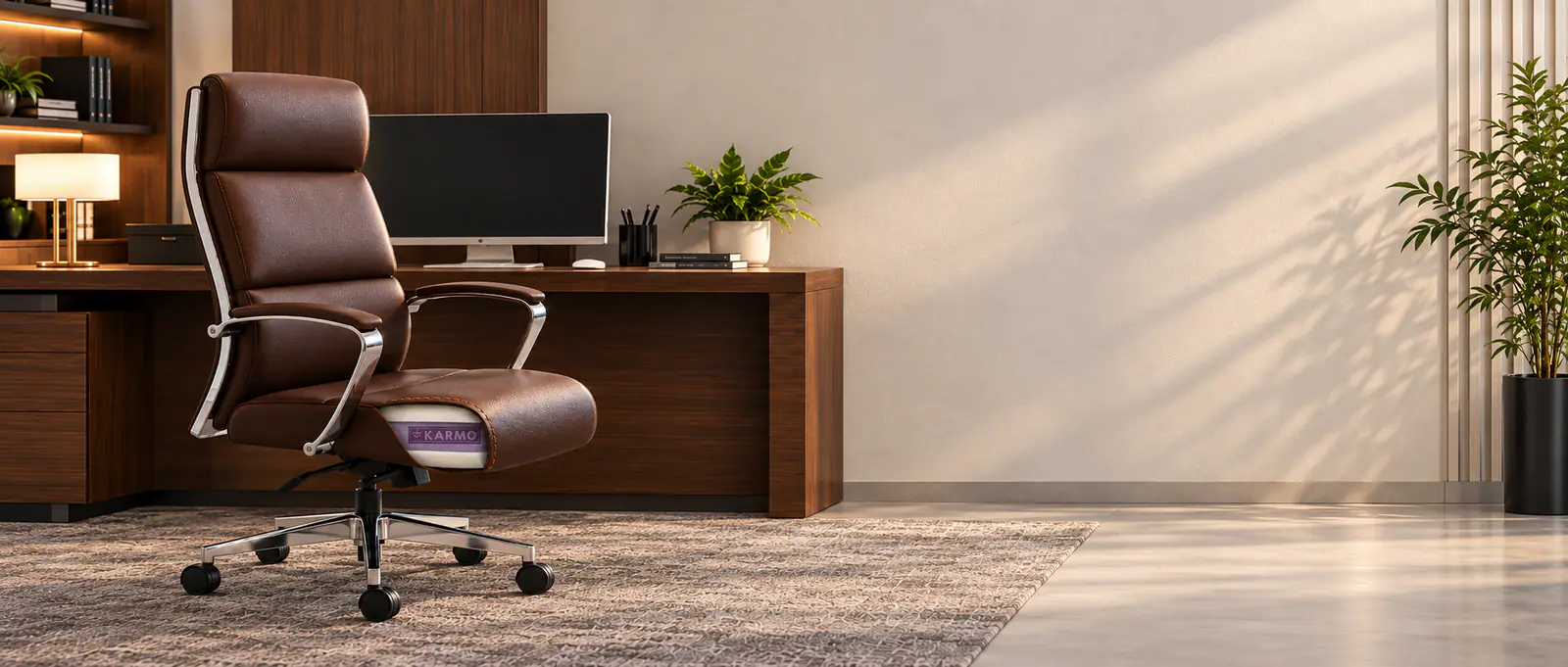 A brown Karmo leather executive office chair beside a wooden desk in a sunlit modern office
