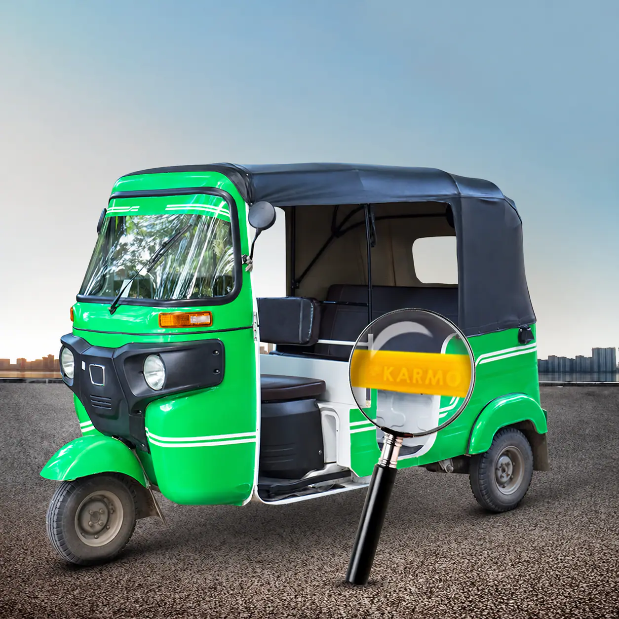 A green Karmo auto-rickshaw under a magnifying glass, revealing the foam in its seats