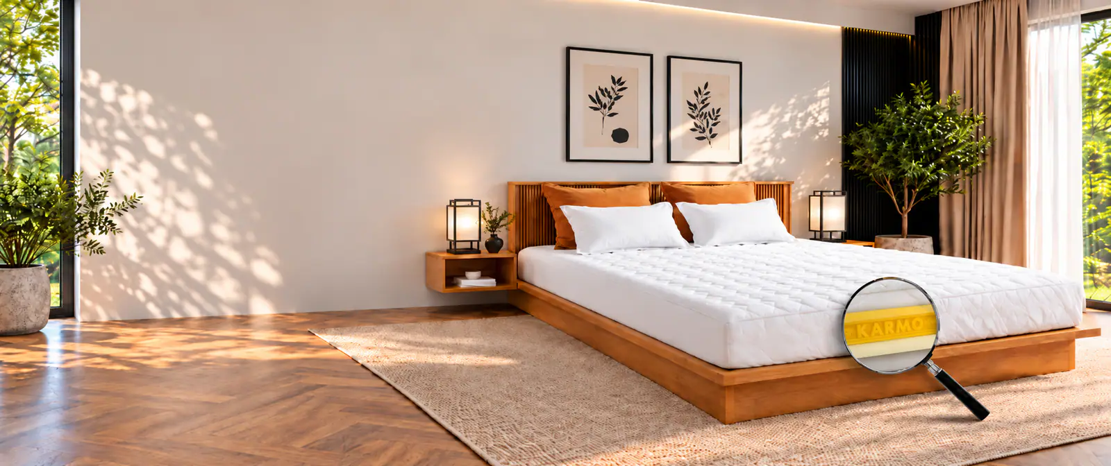 A sunlit modern bedroom with a wooden platform bed and white quilted Karmo mattress, with a magnifier revealing the Karmo foam layers inside