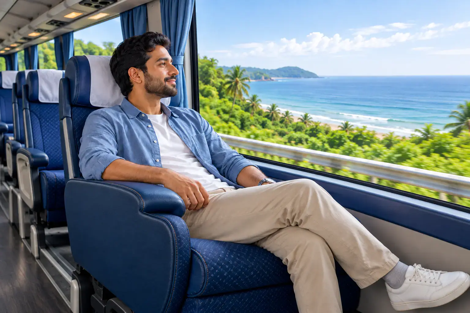 A passenger relaxing in a cushioned bus seat beside a coastal view