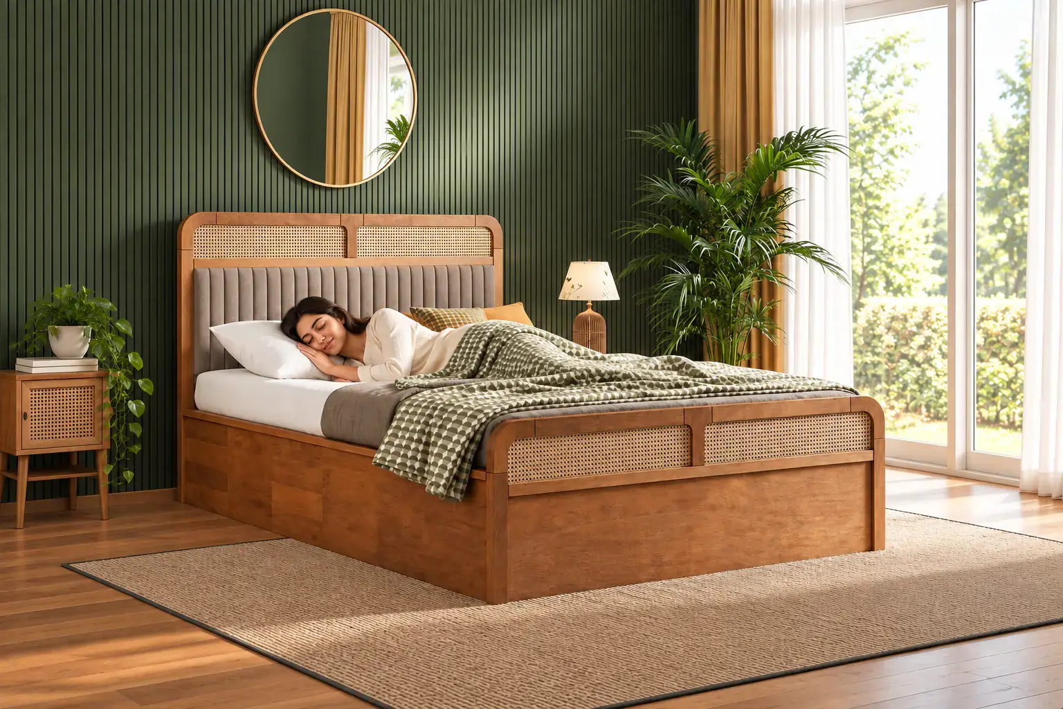 A woman resting comfortably on a bed in a naturally lit bedroom