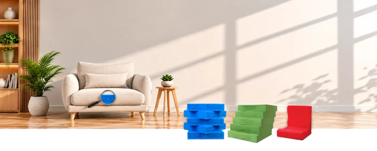 Cream armchair and Karmo foam slabs in a sunlit living room