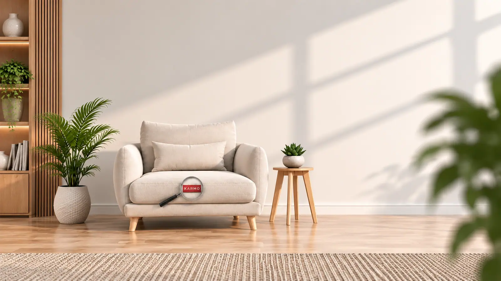 Cream armchair with a KARMO foam label under a magnifying glass