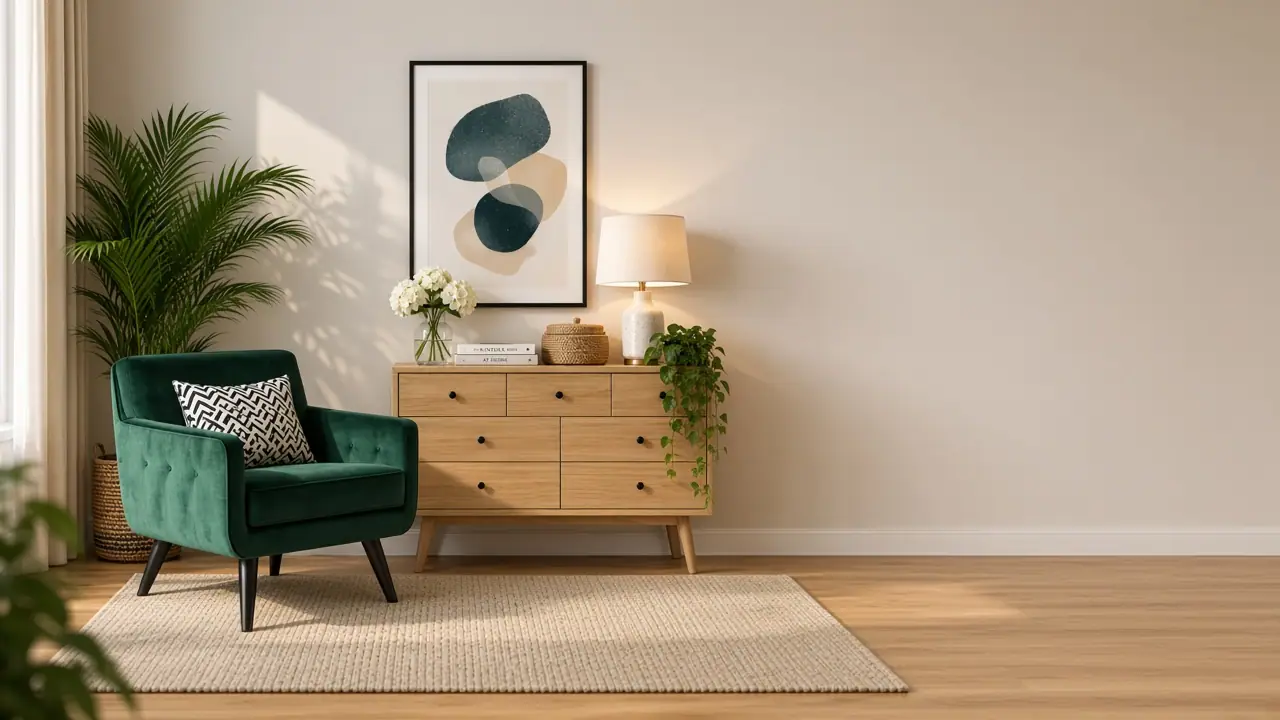 Emerald velvet armchair and oak dresser in a sunlit living room