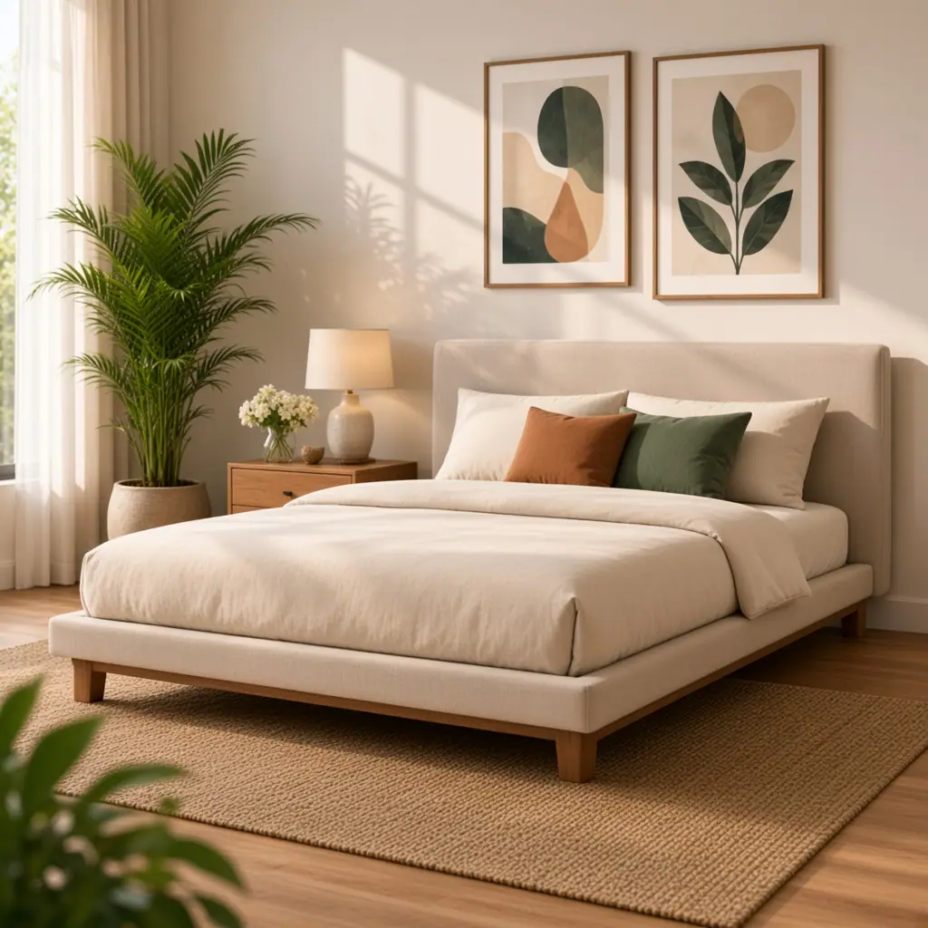 Upholstered bed with Karmo set foam headboard in a sunlit bedroom