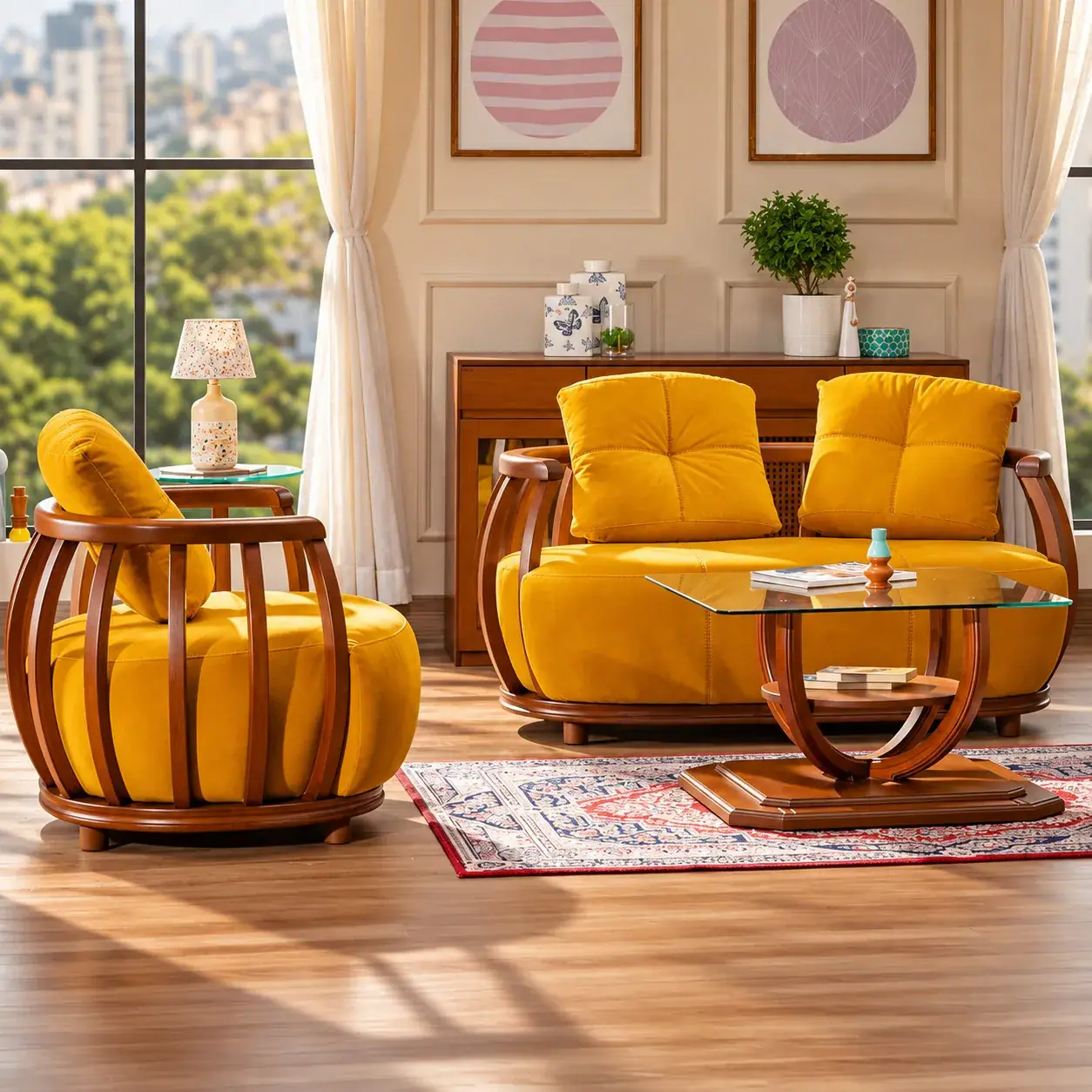 Mustard wood-frame sofa set with Karmo foam in a sunlit living room