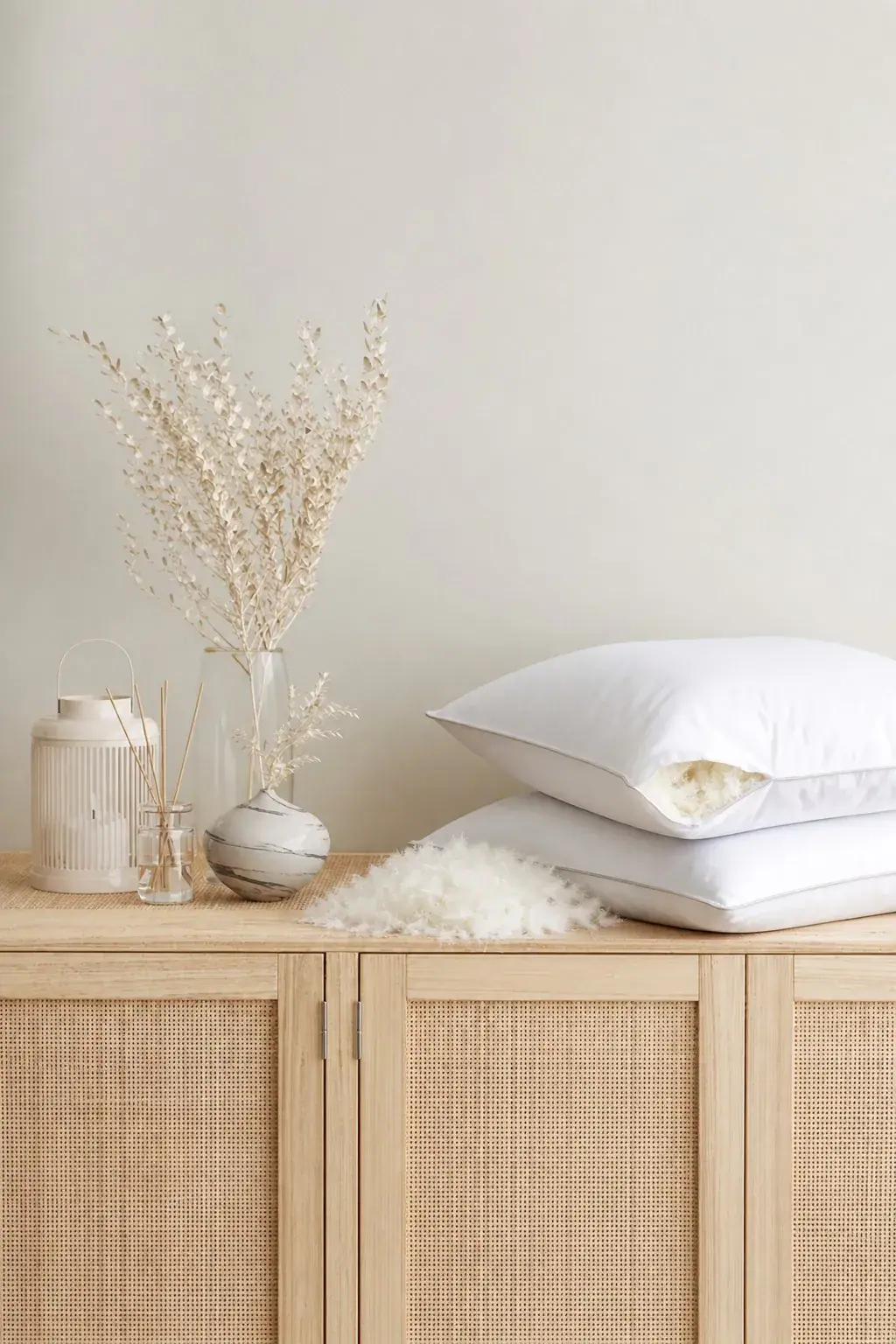 White pillows and down feathers styled on a cane sideboard