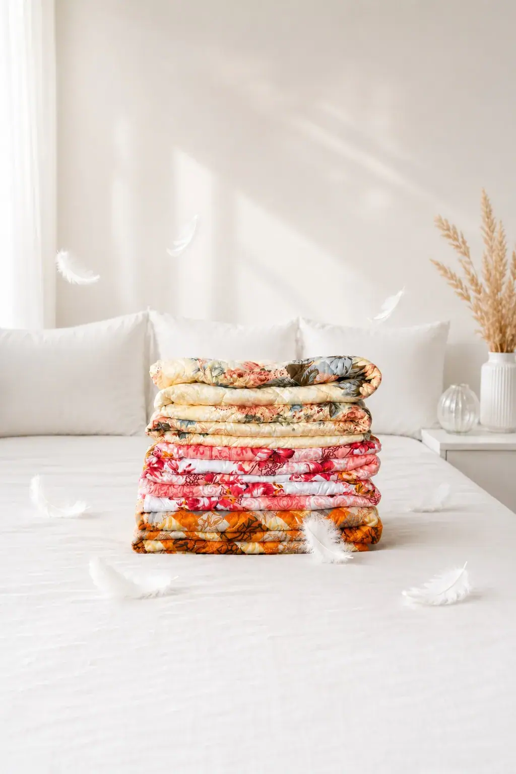 Stacked floral Karmo HomeTex quilts with floating feathers on a white bed