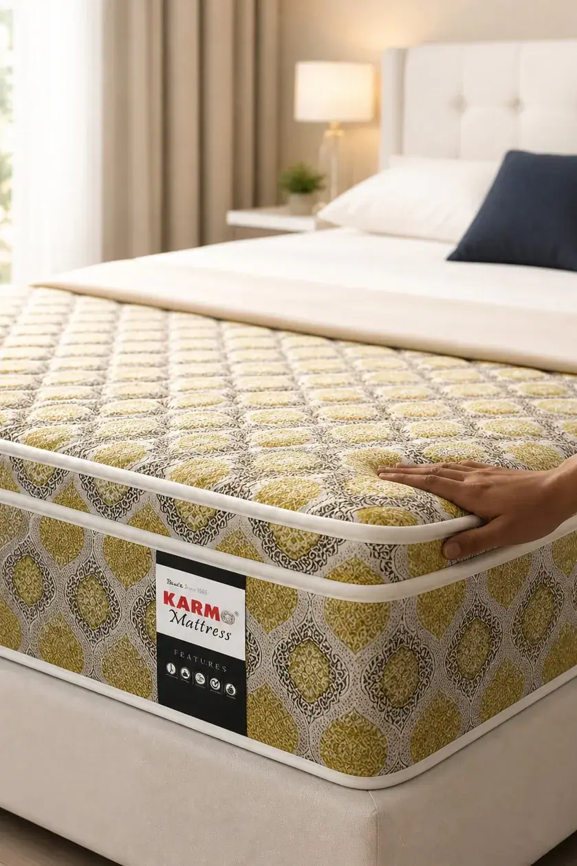 Hand pressing a quilted Karmo mattress on a bright bed