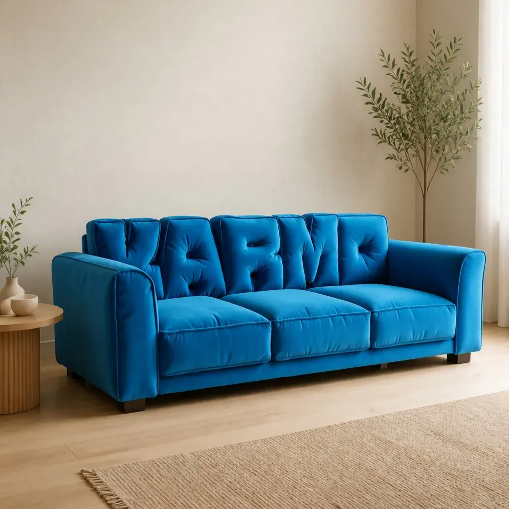 Blue Karmo letter-cushion sofa in a cream catalog studio