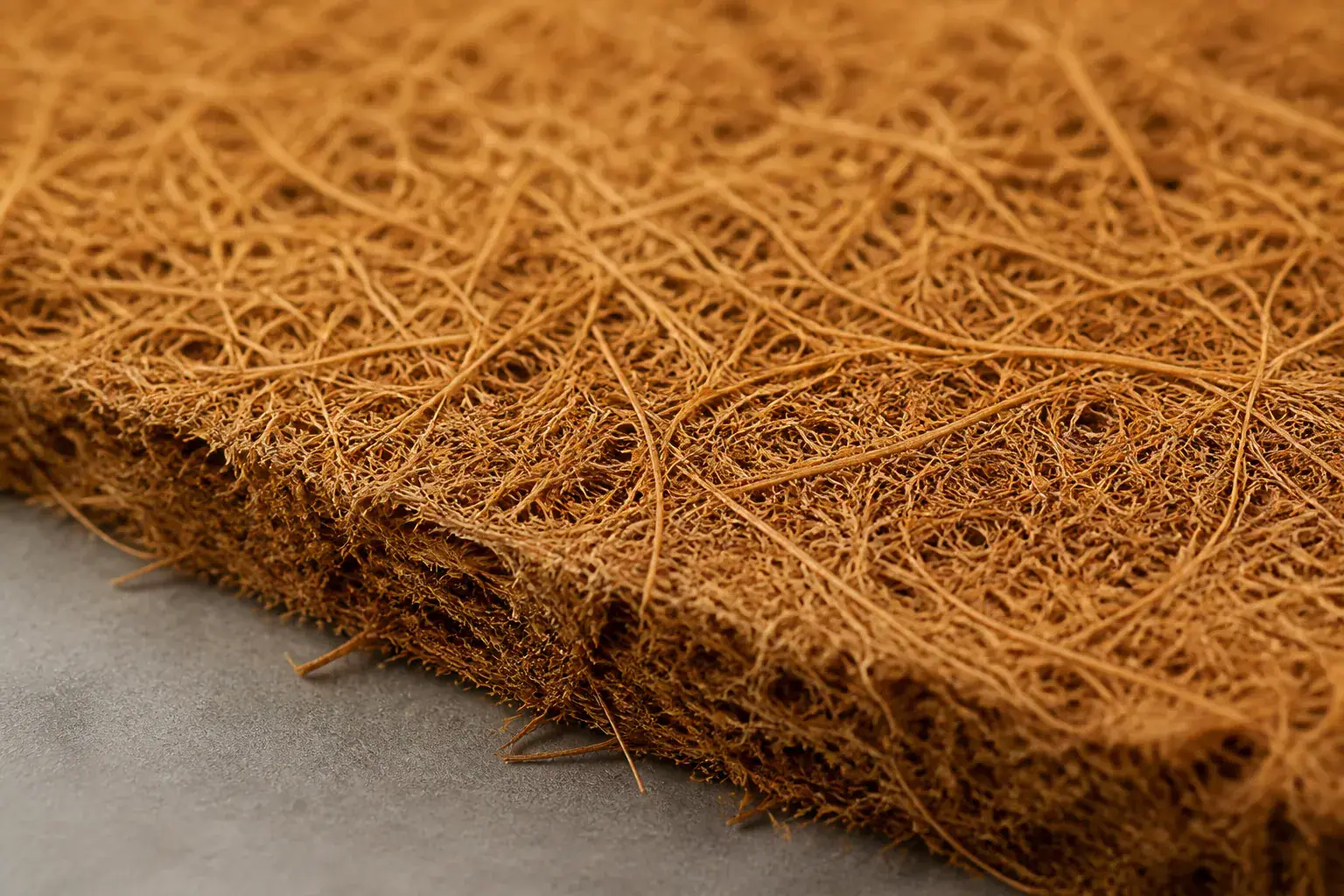 Close-up of a Karmo natural coir sheet — pressed coconut-husk fibre