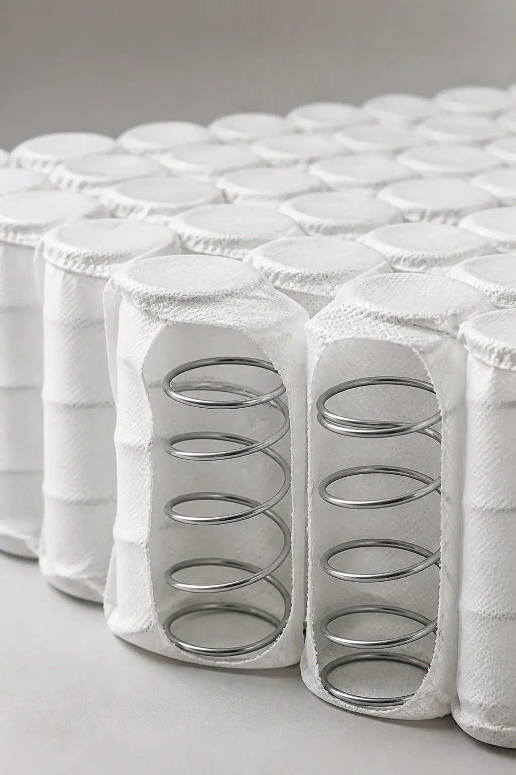 Close-up of a Karmo pocket-spring unit — fabric-bagged steel coils