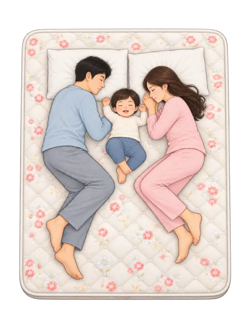 A family with a small child sleeping on a Karmo floral quilted king mattress
