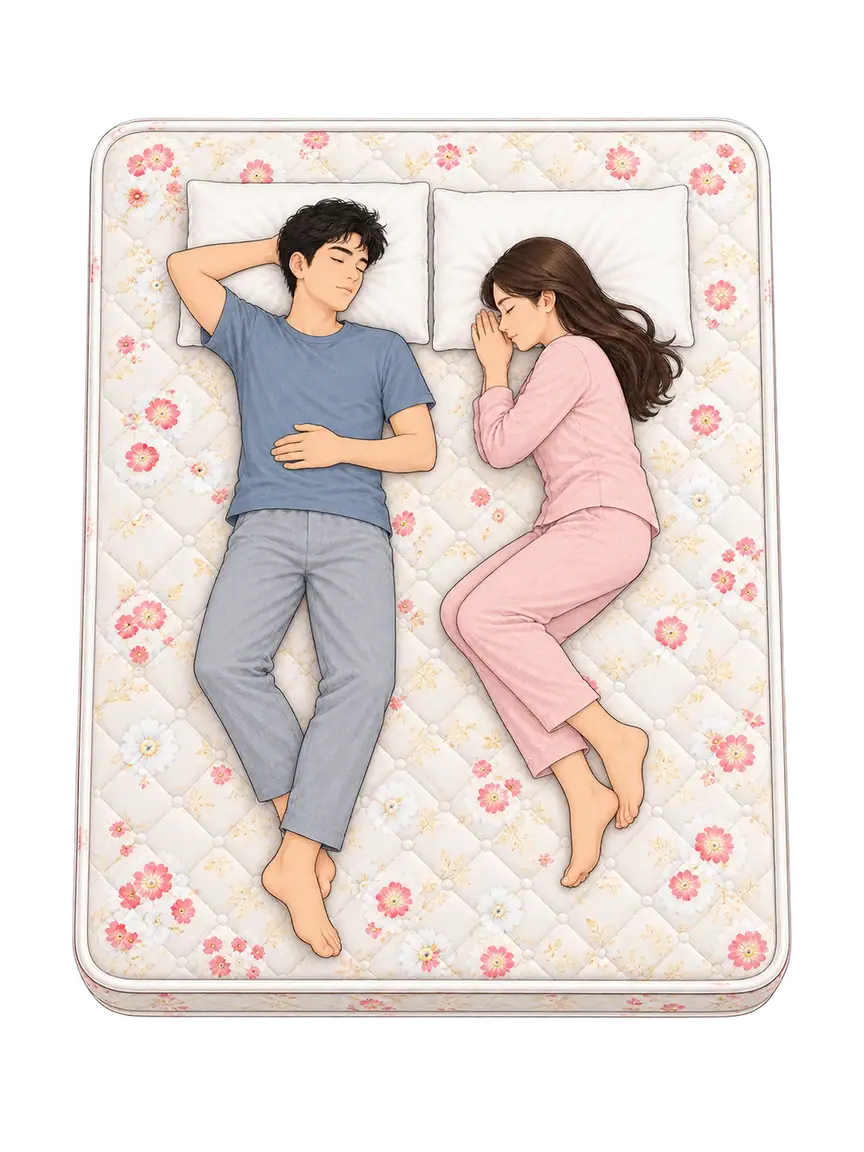 A couple sleeping side by side on a Karmo floral quilted queen mattress