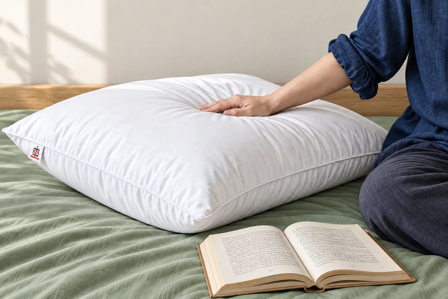 A hand pressing a Karmo pillow