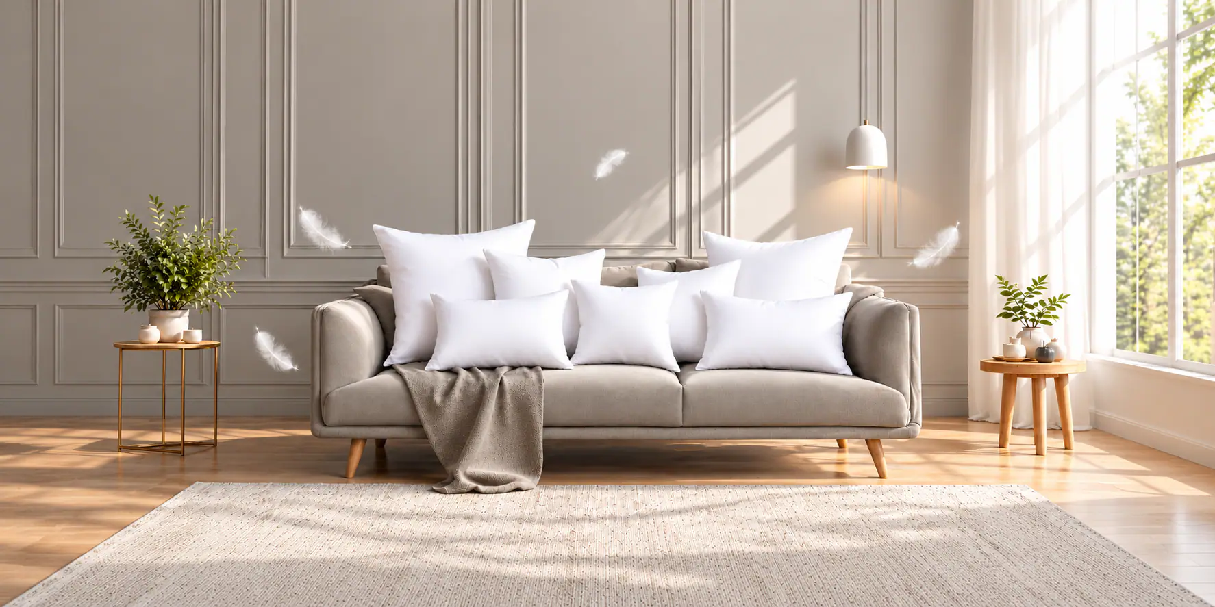 A sunlit living room with a grey sofa piled with white Karmo pillows and a knit throw, soft feathers drifting in the air, framed by panelled walls, potted plants and a bright window