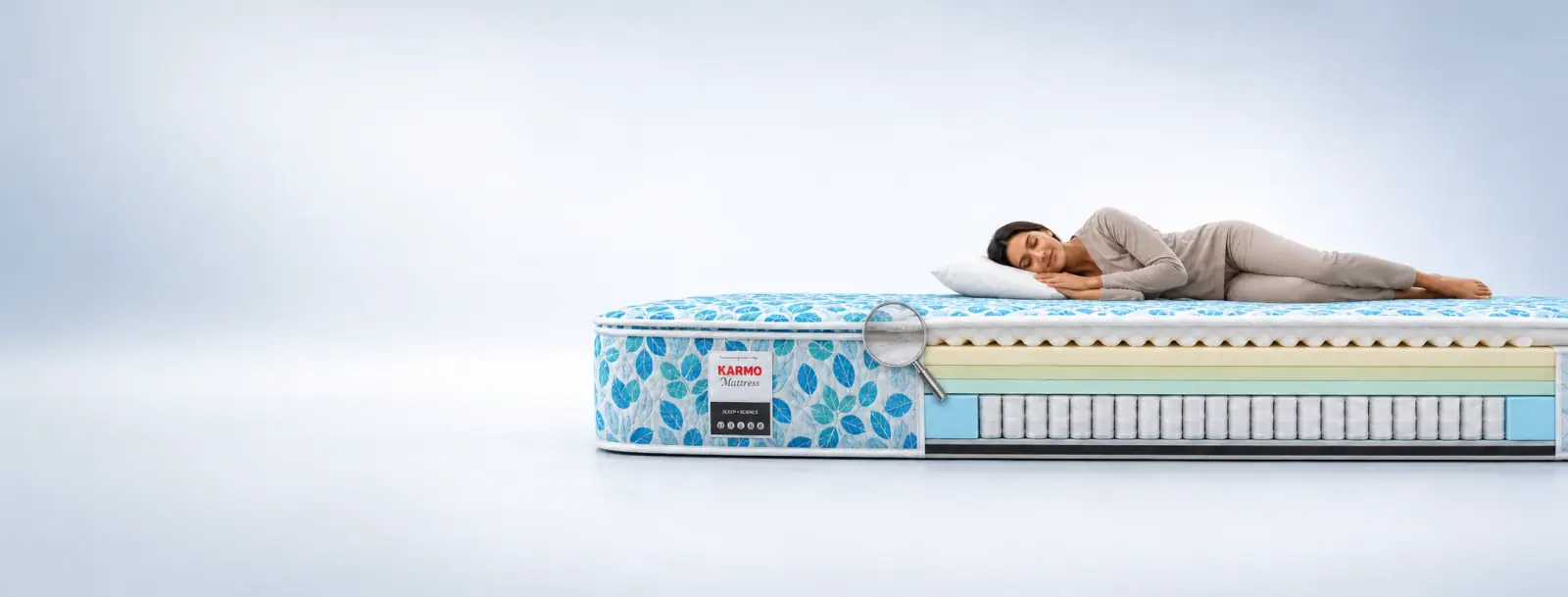 Karmo pillow-top pocket-spring mattress cutaway showing real layered construction