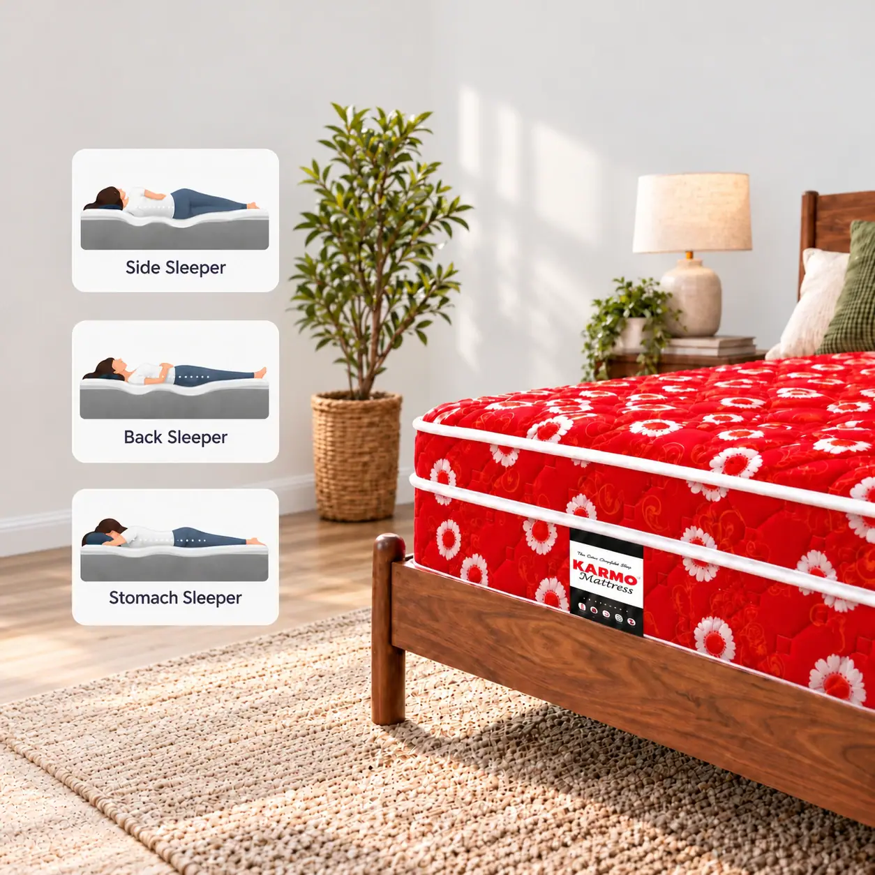 Karmo red floral mattress in a bedroom — support for side, back and stomach sleepers