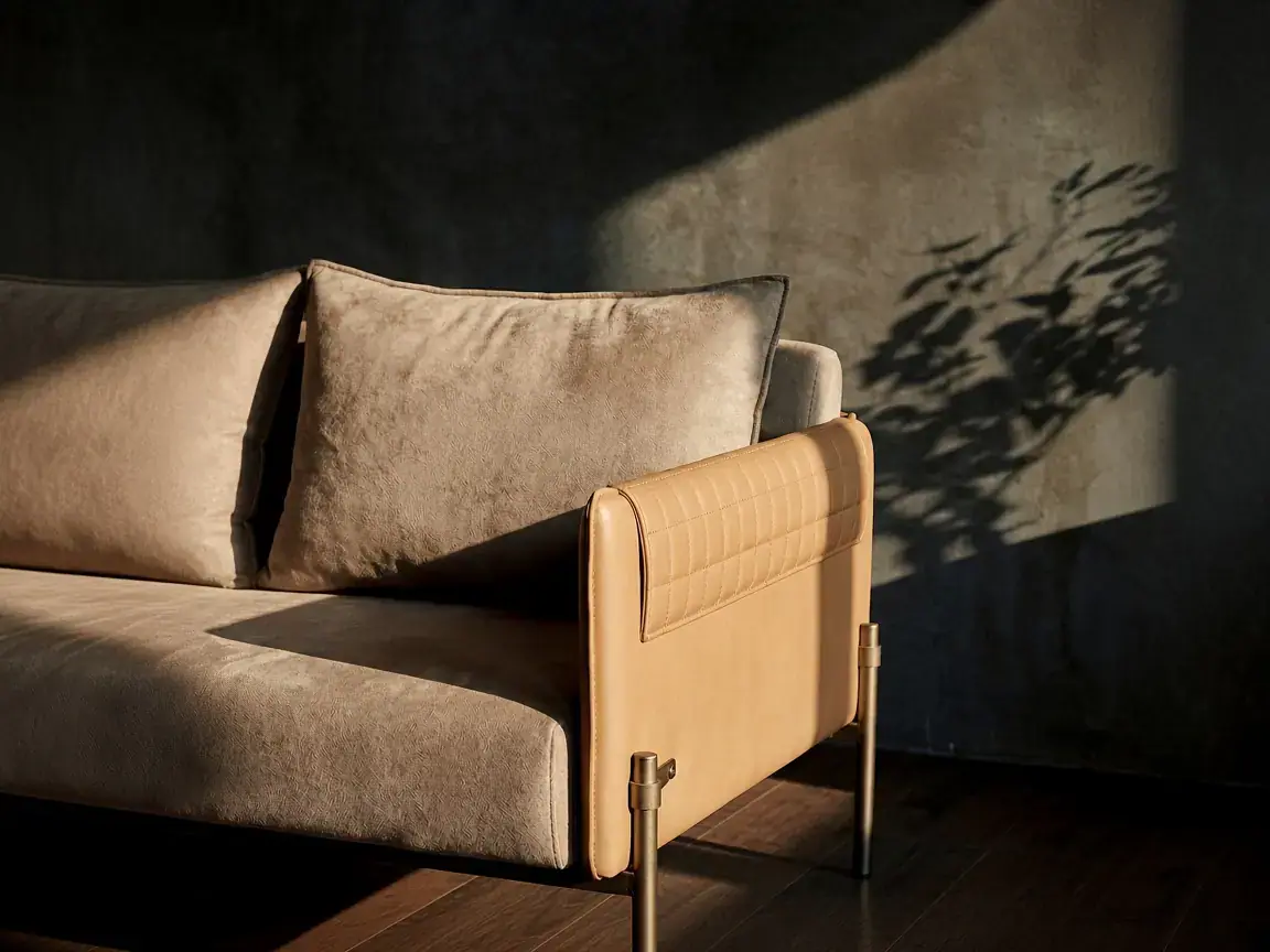 A Karmo foam sofa with a plush cushion and tan leather side, warm light casting a plant shadow on a dark wall