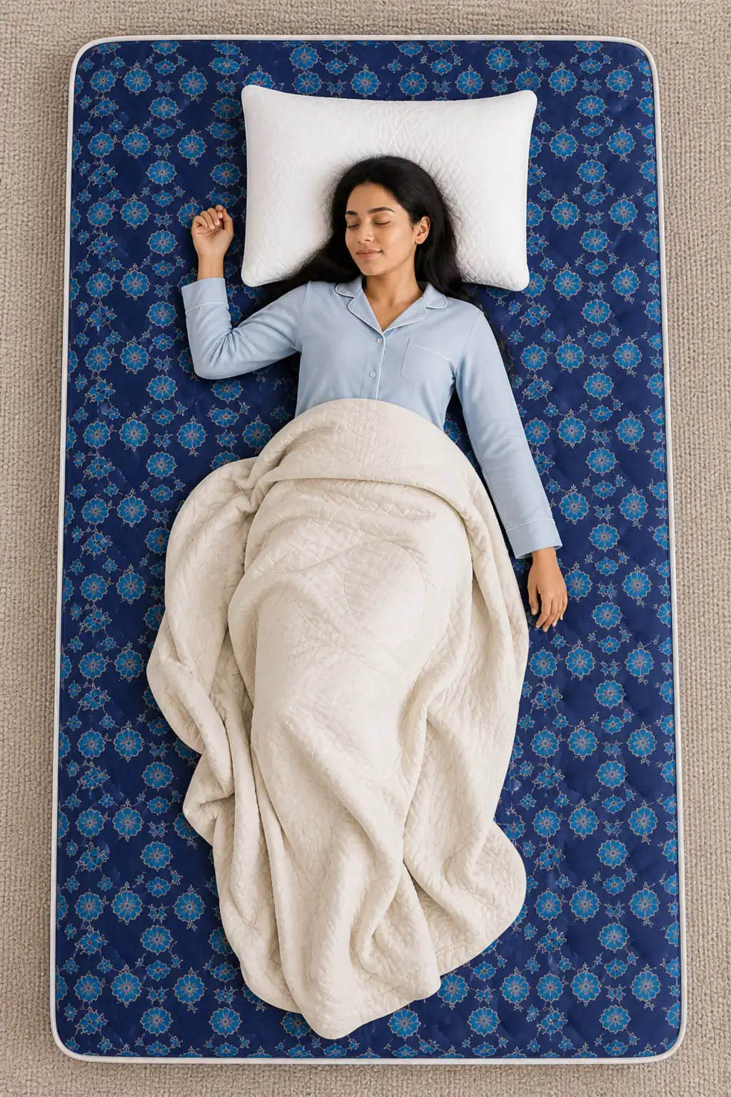 Back sleep on a Karmo navy floral mattress — pillow and katha