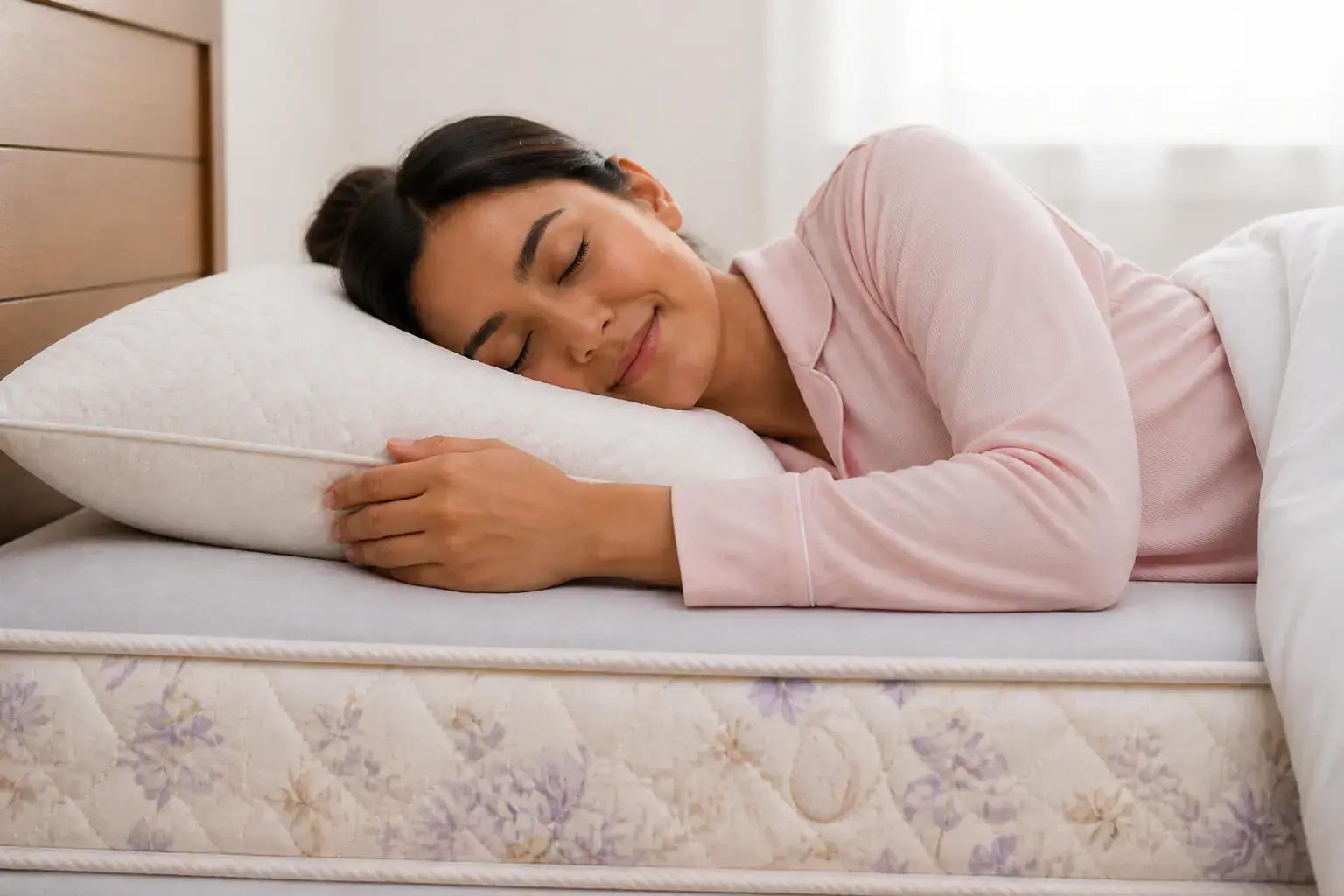 Side sleep on a Karmo mattress — young woman at rest