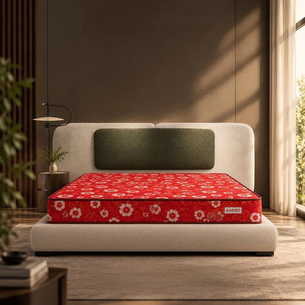 Karmo Bonnell Spring mattress on a cream boucle bed