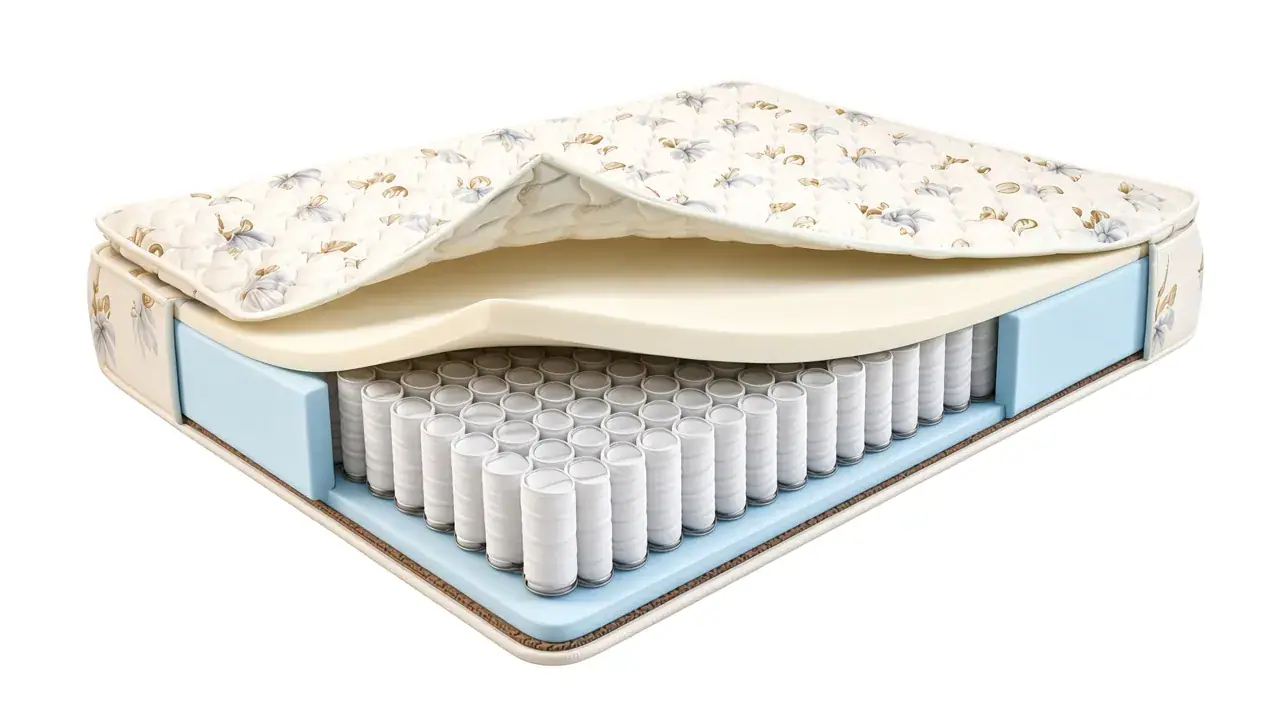 Karmo pocket-spring mattress with the pillow top peeled back to show foam wadding and coils