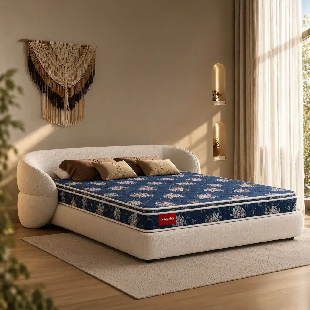 Karmo Imperial Euro Top mattress on a curved boucle bed