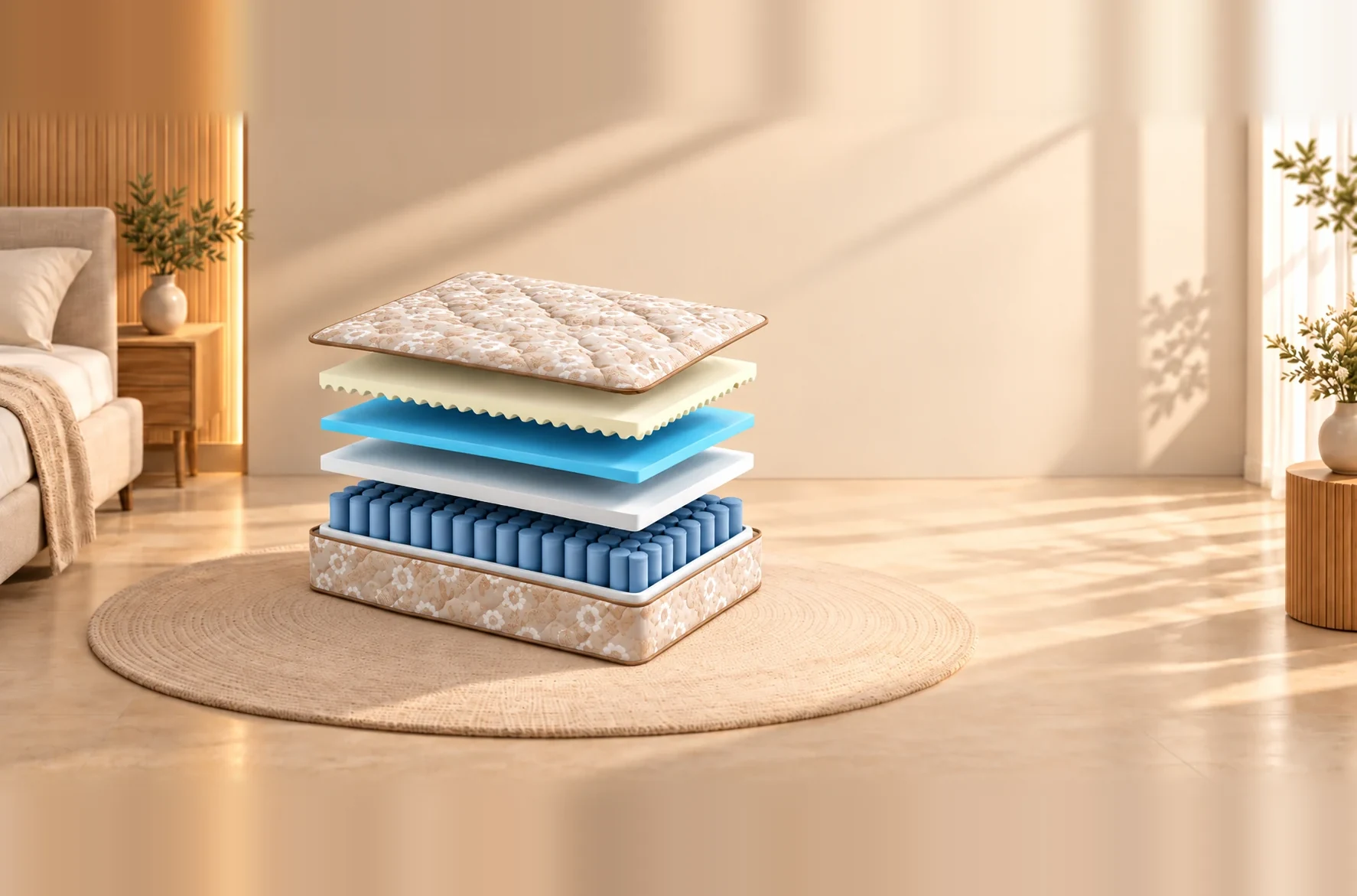 Exploded view of a Karmo mattress in a sunlit bedroom: quilted cover, wave comfort foam, moisture-proof layer, transition layer, pocket springs and base
