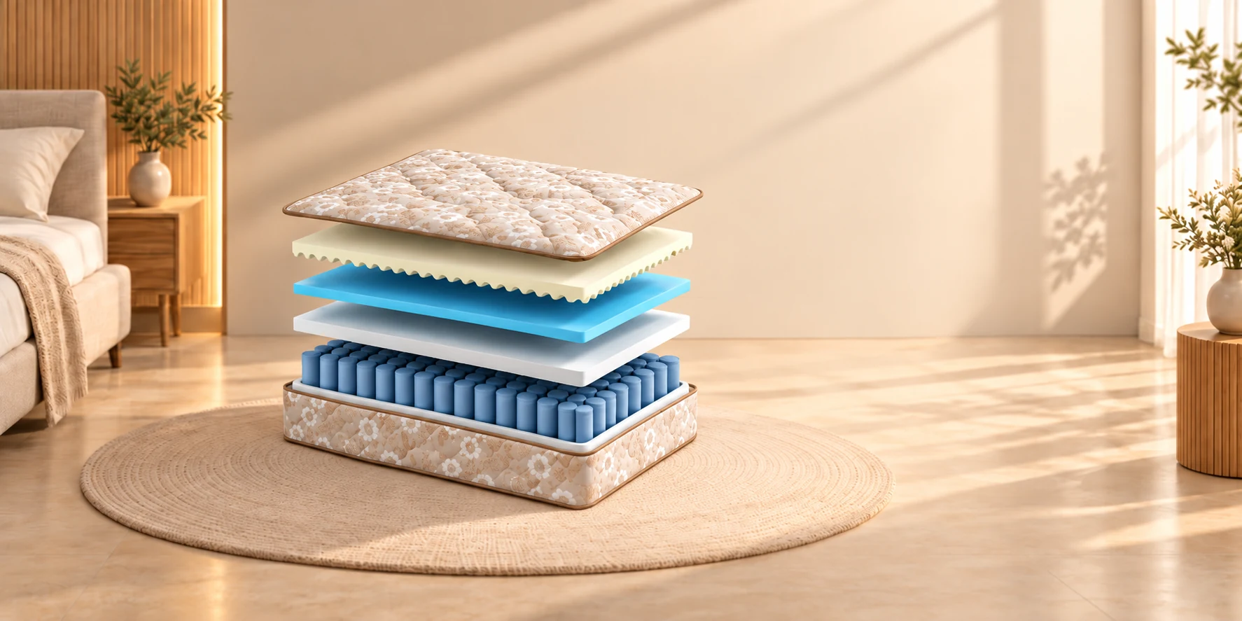 Exploded view of a Karmo mattress in a sunlit bedroom: quilted cover, wave comfort foam, moisture-proof layer, transition layer, pocket springs and base