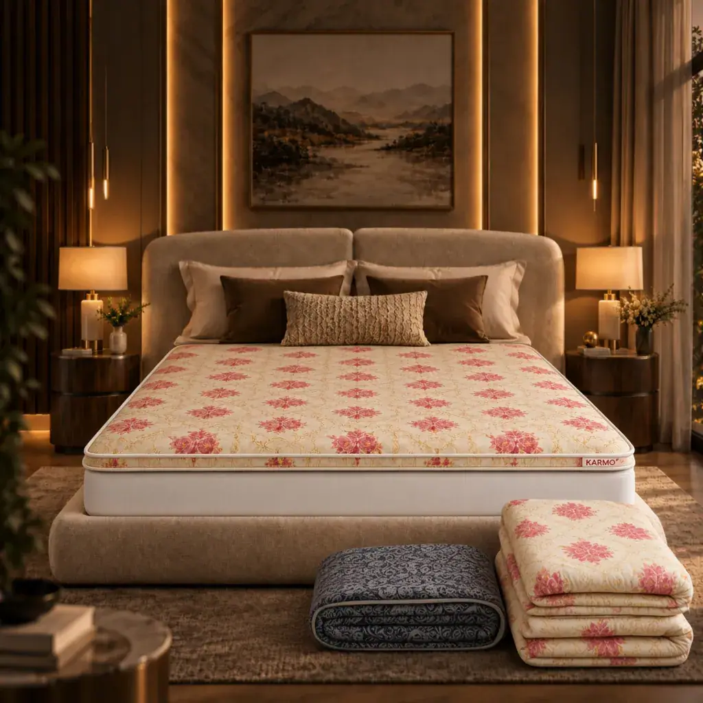 Karmo mattress topper on the bed, with a folded topper beside