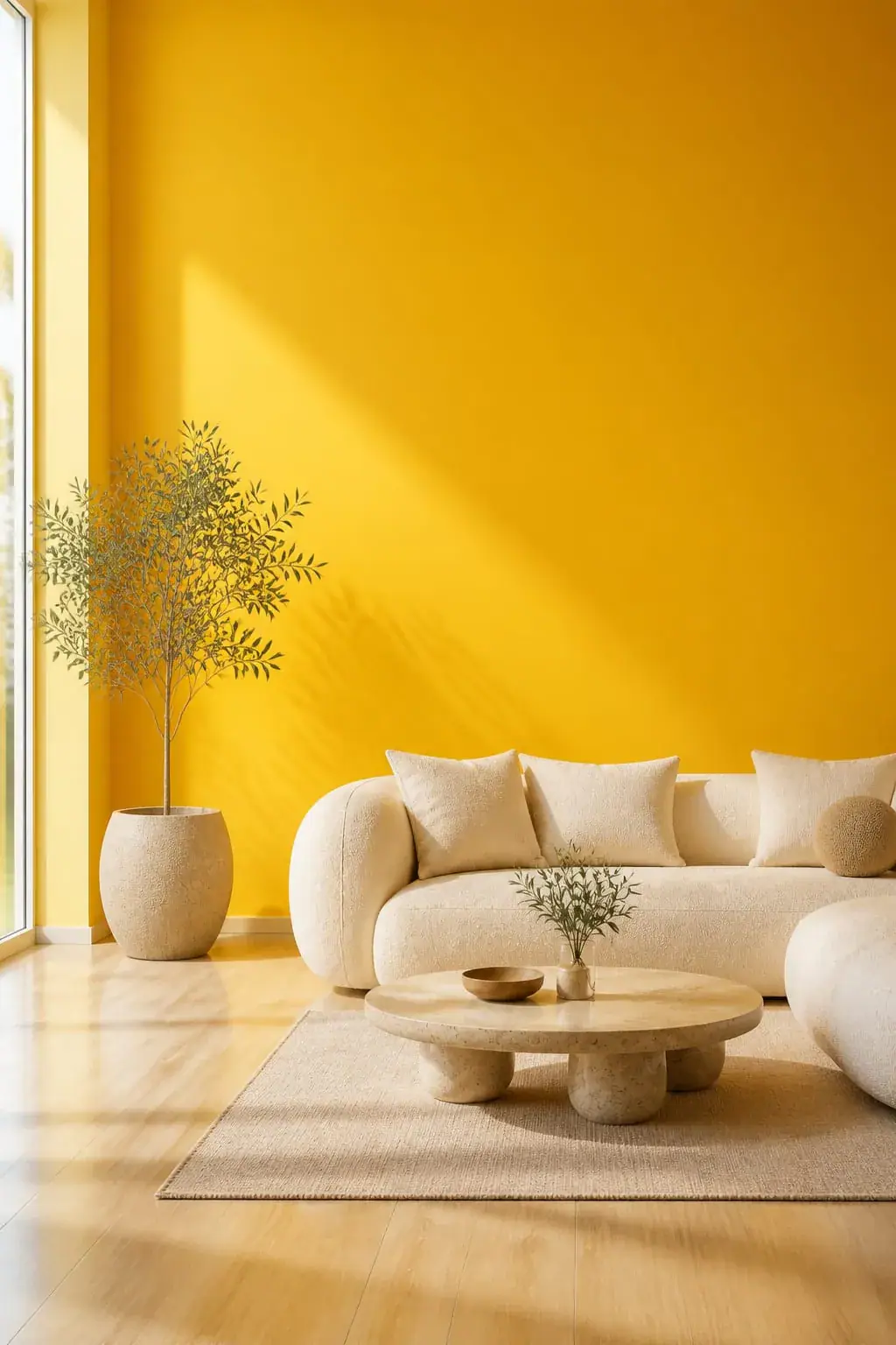 A cream sofa in a mustard yellow HomeTex living room